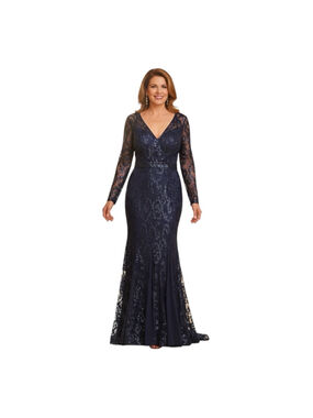 R&M Richards Women's 14W Navy Blue Sequin Lace Evening Gown Mother of the Bride